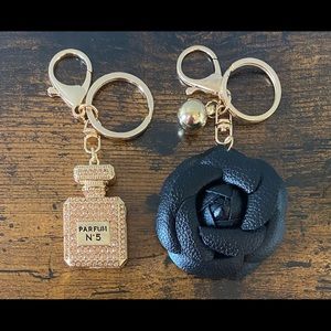 Camellia Flower & Rhinestone Studded Keychains